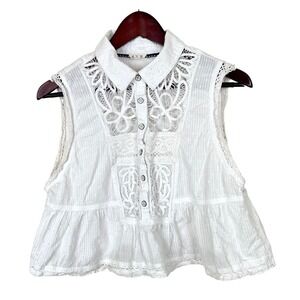 Pilcro White Sleeveless Lace-Panel Button Blouse